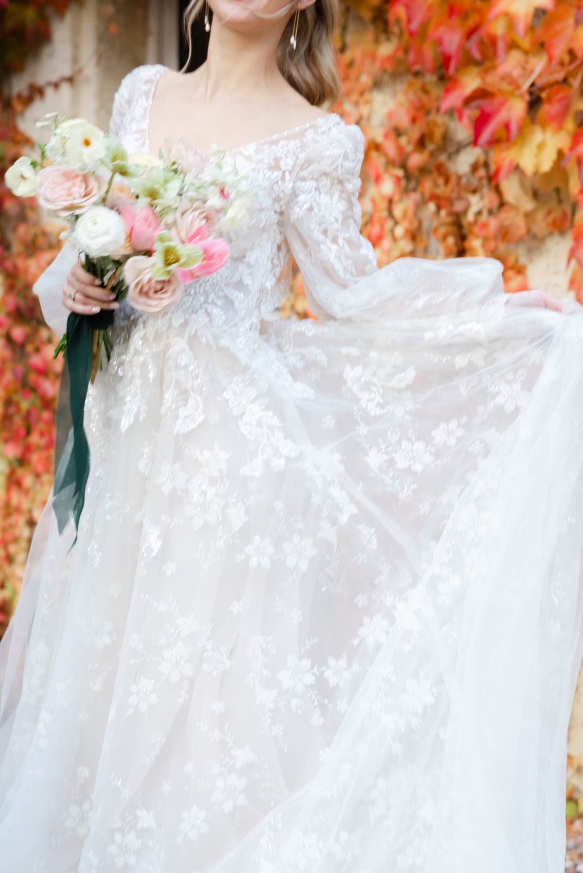 Delicate and timeless lace details on Demetrios dress 