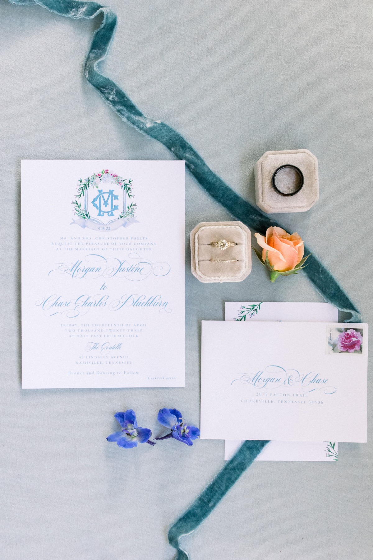 French blue and white wedding invitations