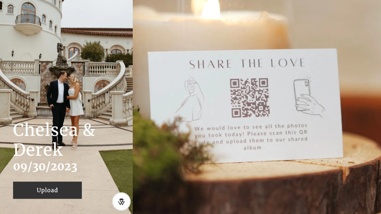 A detailed view of a digital guest book next to a QR code card, illustrating the seamless connection between physical and digital photo sharing.