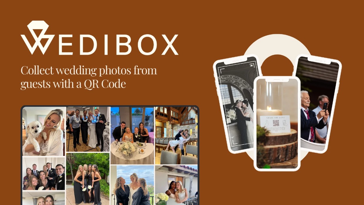 Wedibox header showcasing a vibrant wedding gallery concept, highlighting the digital guest book for wedding memories.
