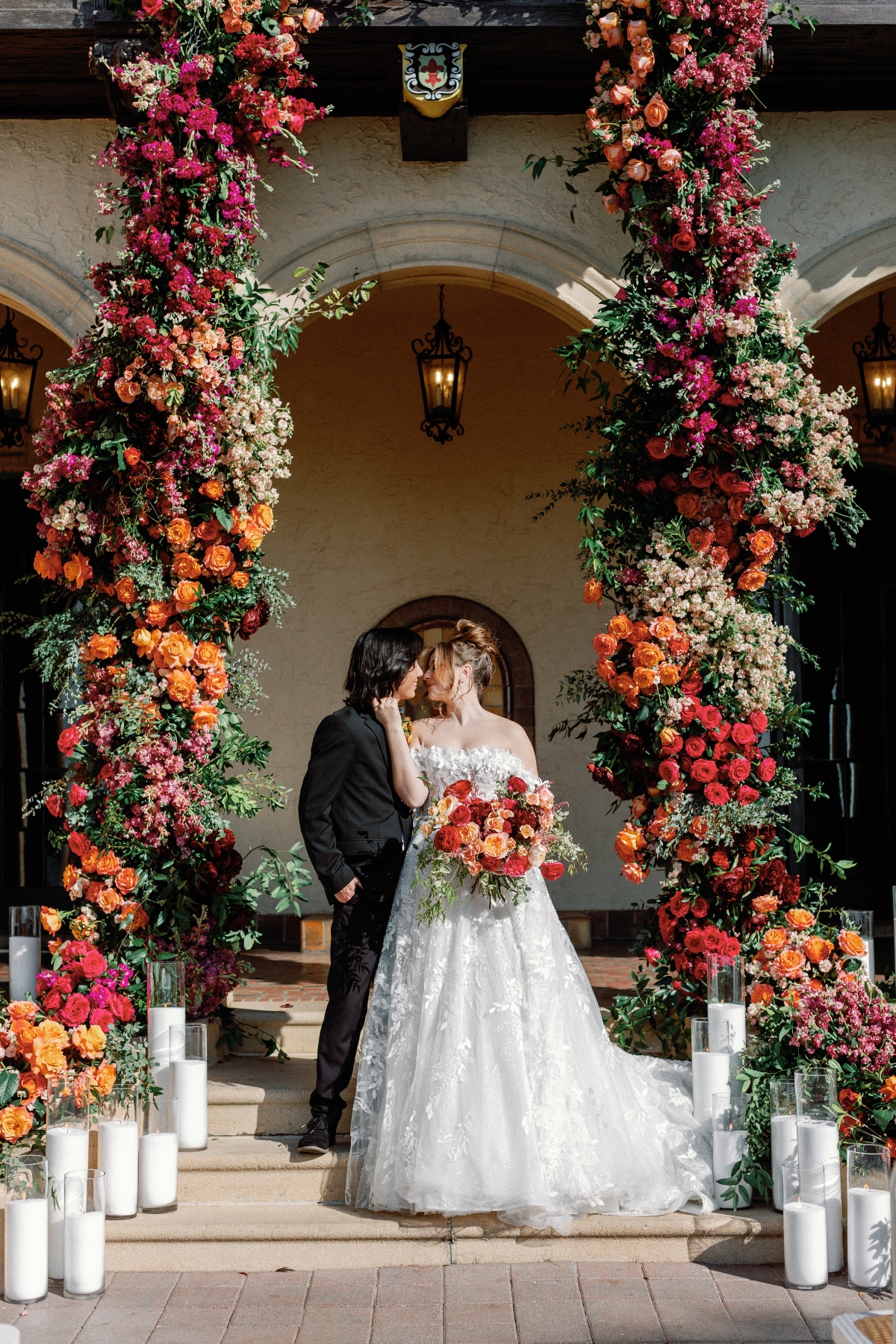 Romantic sunset palette luxury wedding ceremony with florals