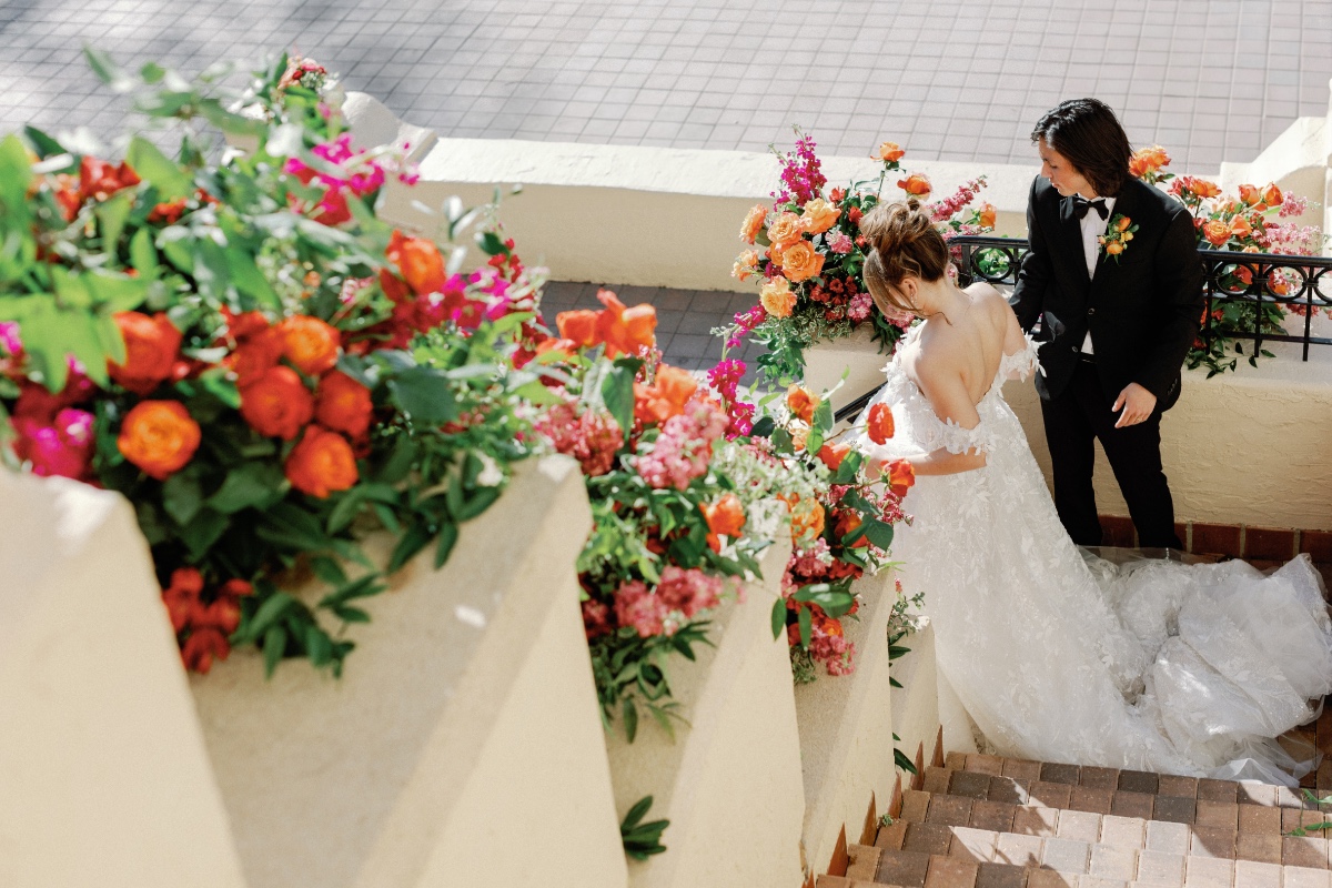 Romantic Florida bride and groom at warm floral wedding