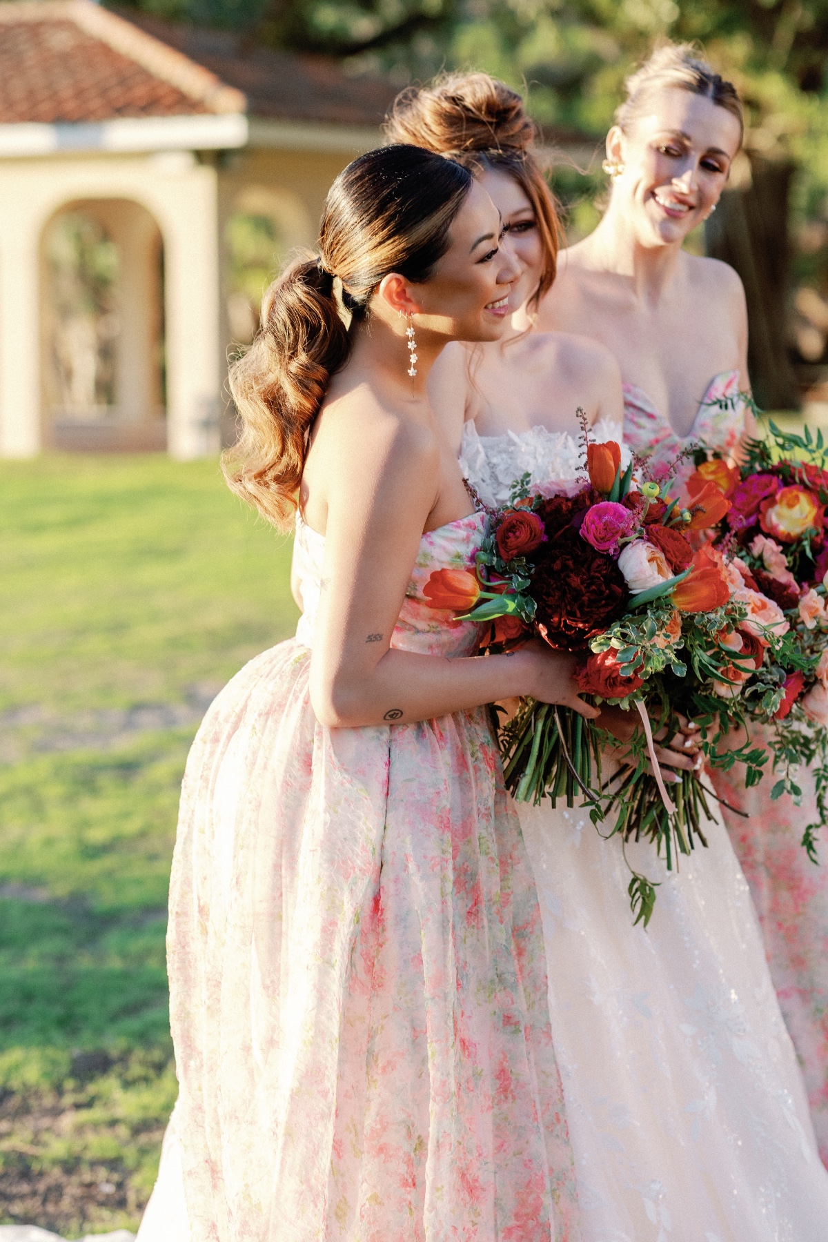 Floral patterned bridesmaid dresses by Monique Lhuillier