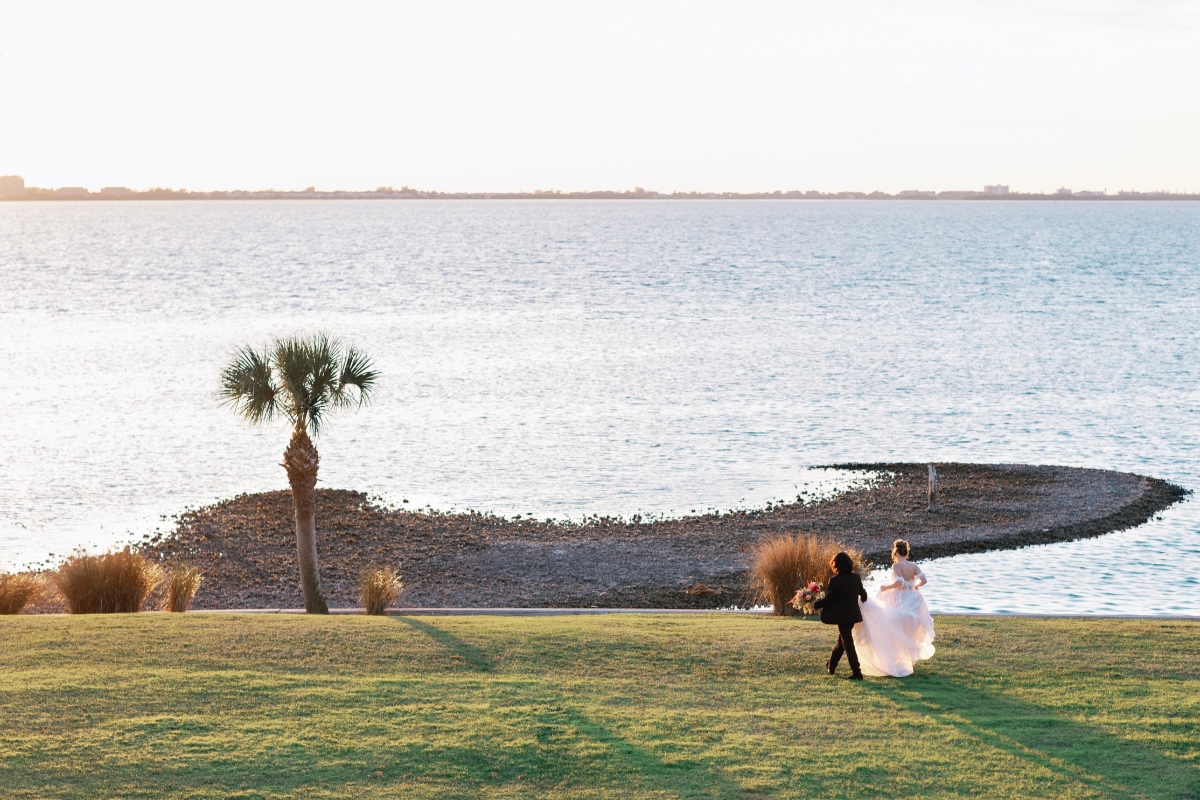 Romantic golden hour wedding overlooking Sarasota Bay 