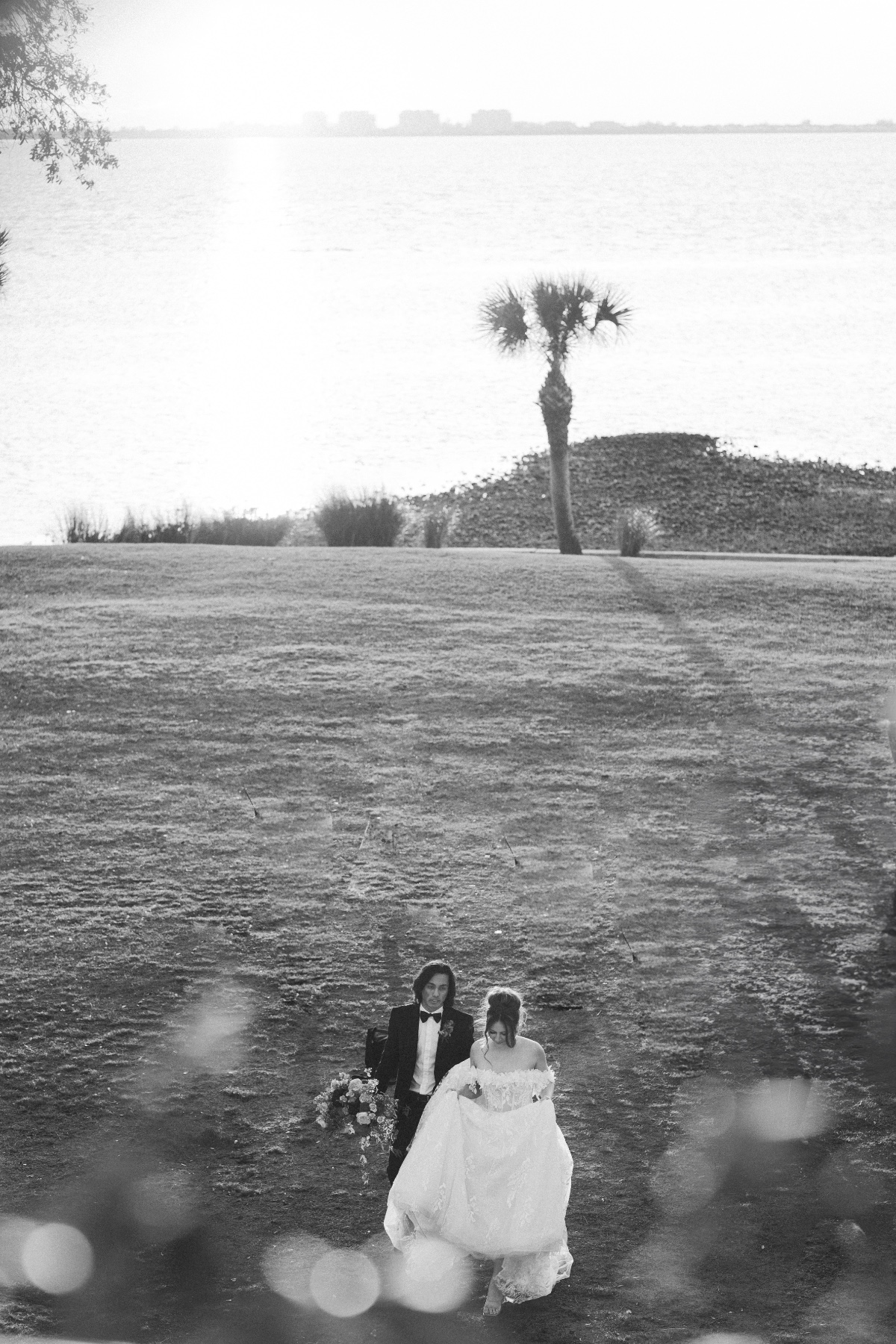 Sarasota Bay moody black and white wedding photography 