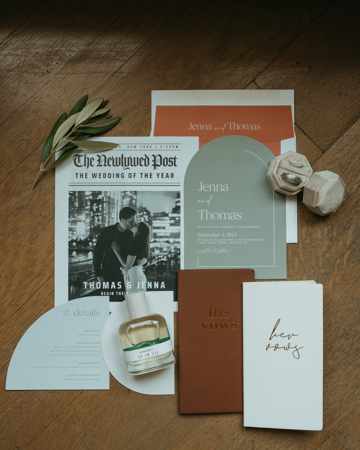 Modern olive green and orange wedding invitations and details