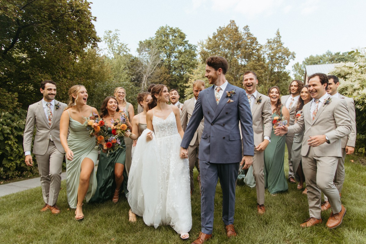 Modern grey and light green bridal party in Hudson Valley