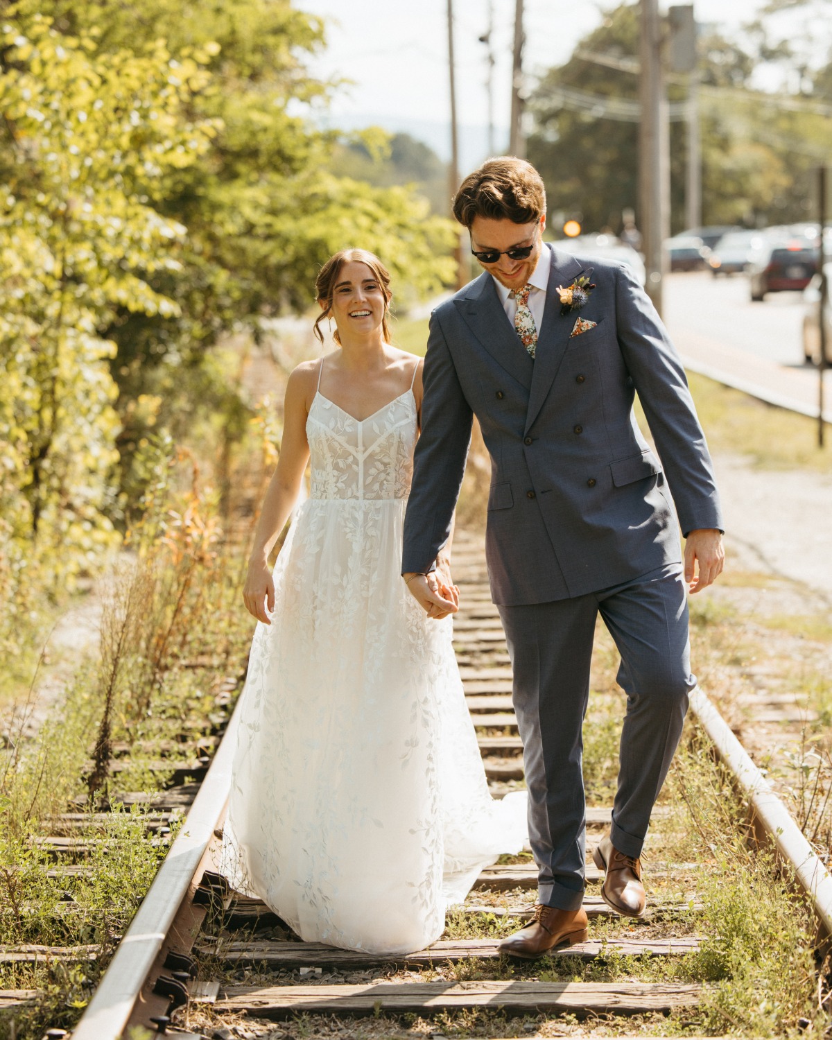 Modern Hudson Valley bride and groom photos on train tracks 