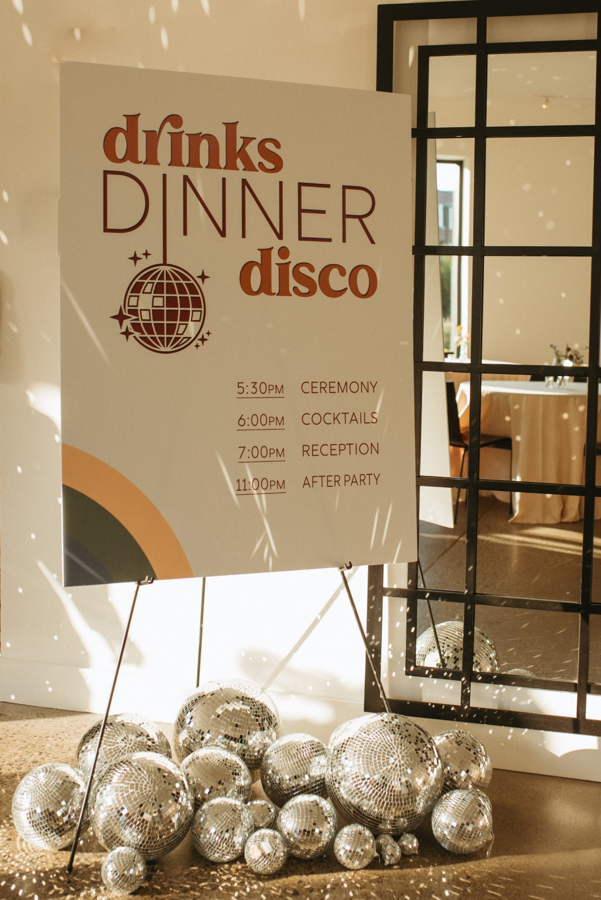 Disco ball themed wedding sign for modern wedding reception