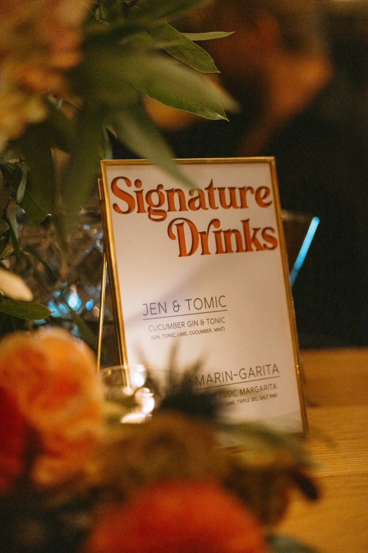 Modern font bar menu for wedding with custom named cocktails