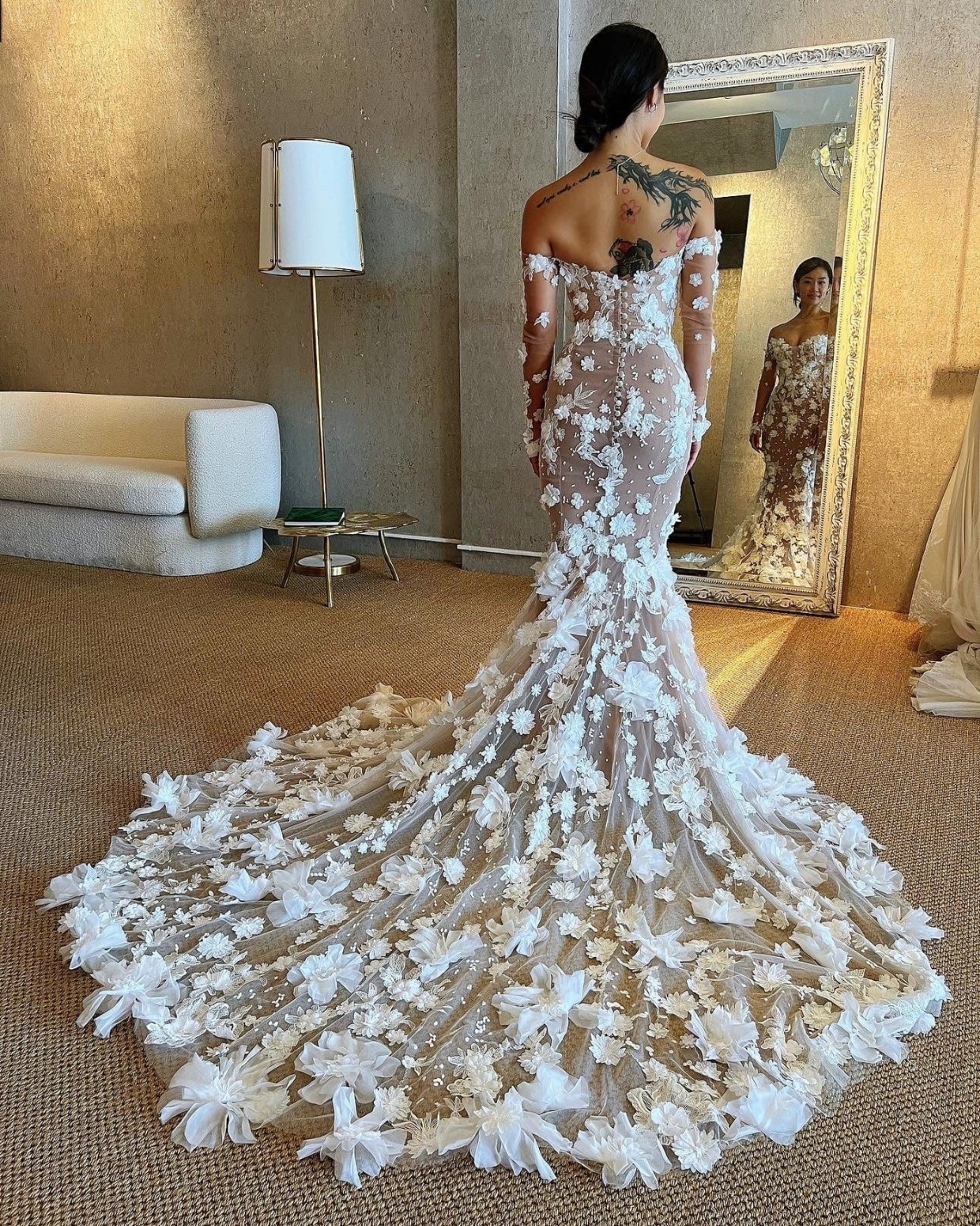 nude and 3d lace embroidered wedding gown from jinza couture bridal