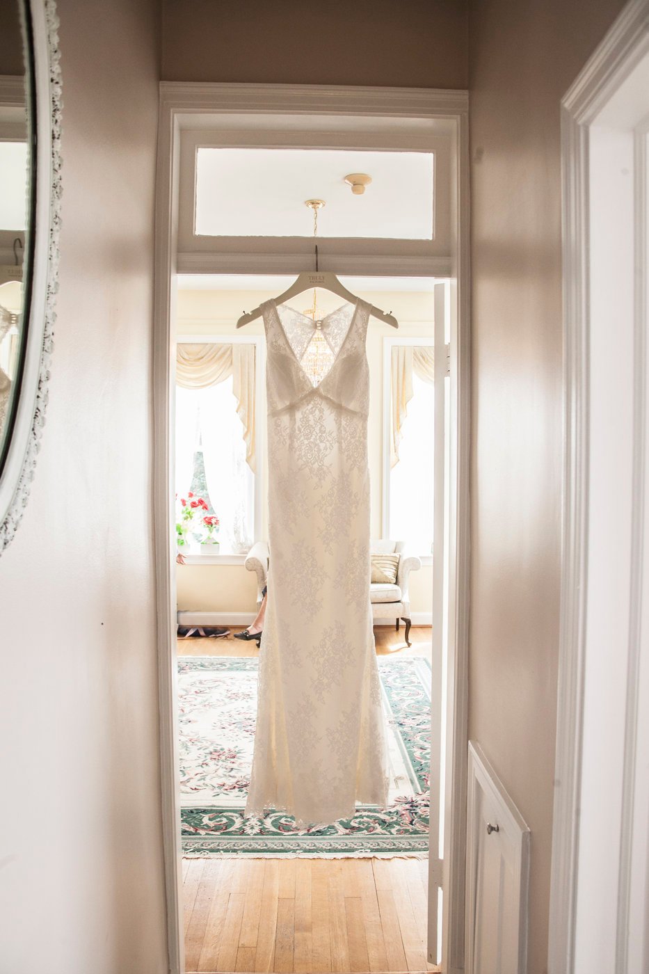lace dress hanging in the bridal suite at kentalands mansion