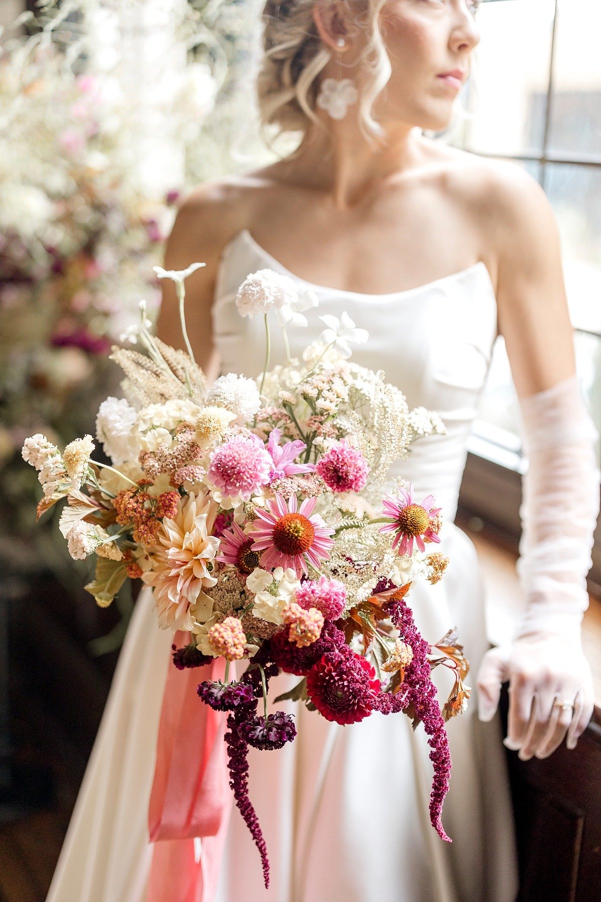 pink peach and white wildflower bouquet