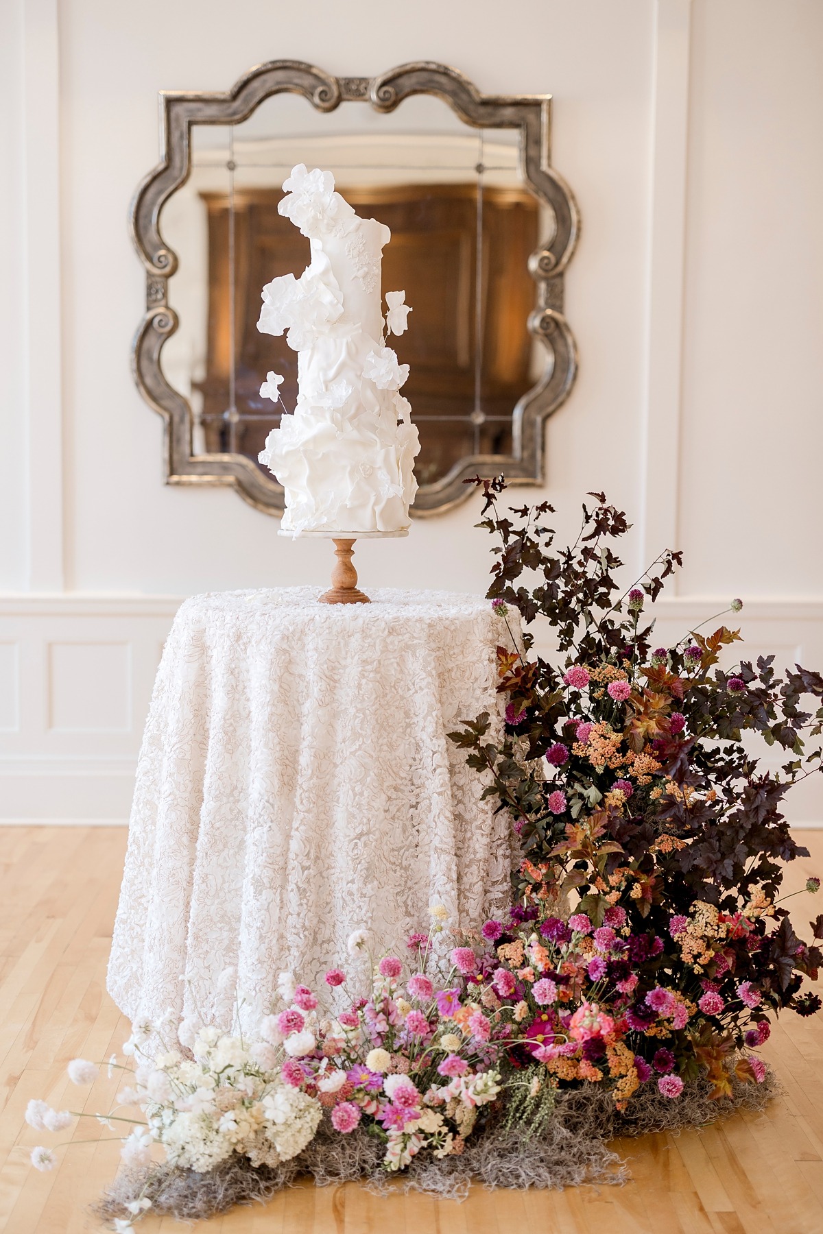 white textured floral wedding cake