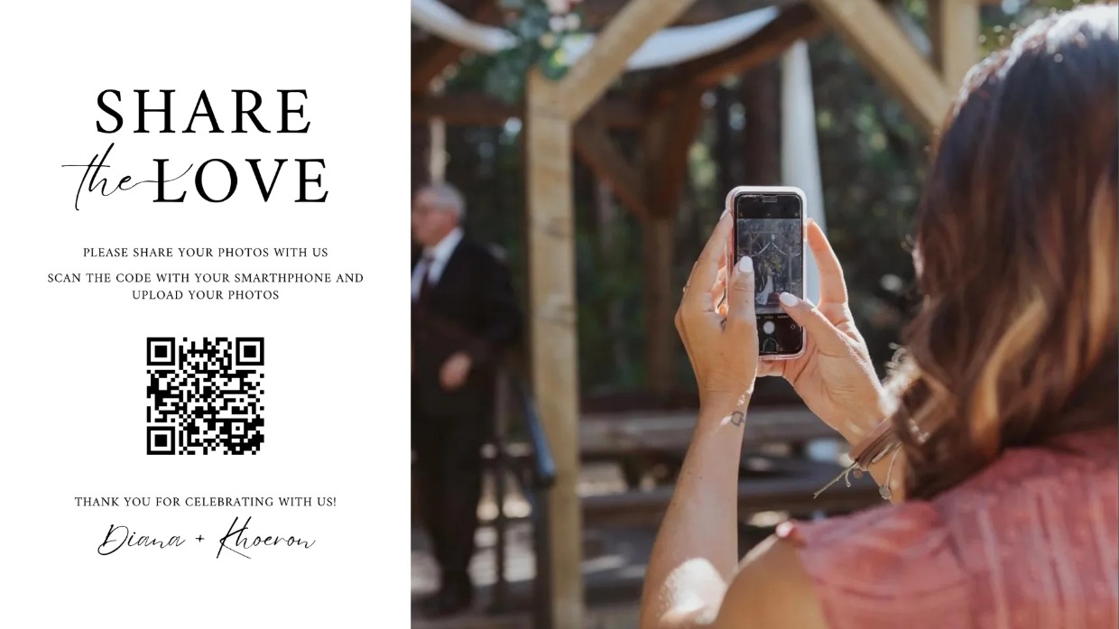 Woman capturing a joyful moment at a wedding, alongside a 'Share the Love' QR code for easy photo sharing