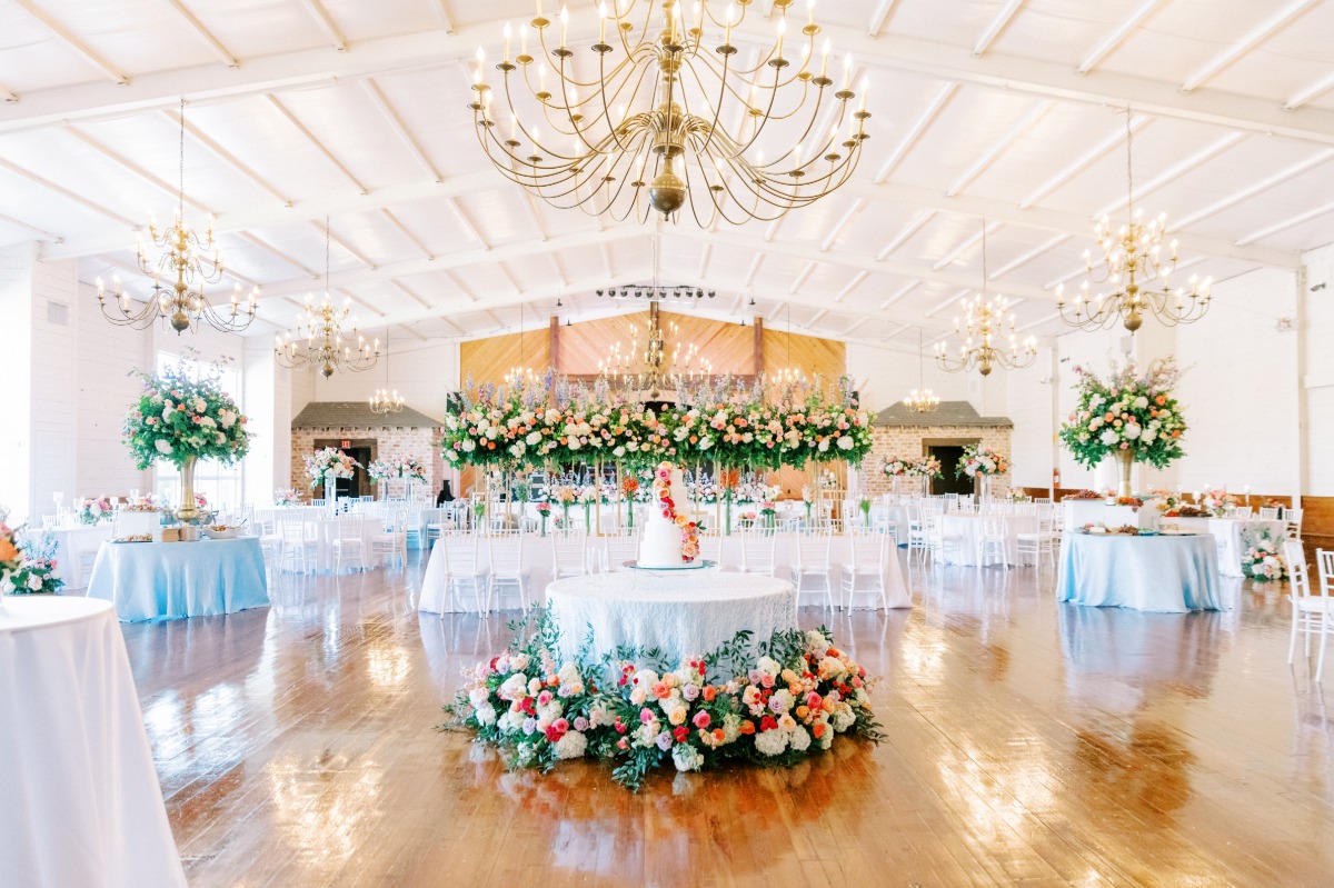 blue and white themed summer wedding reception