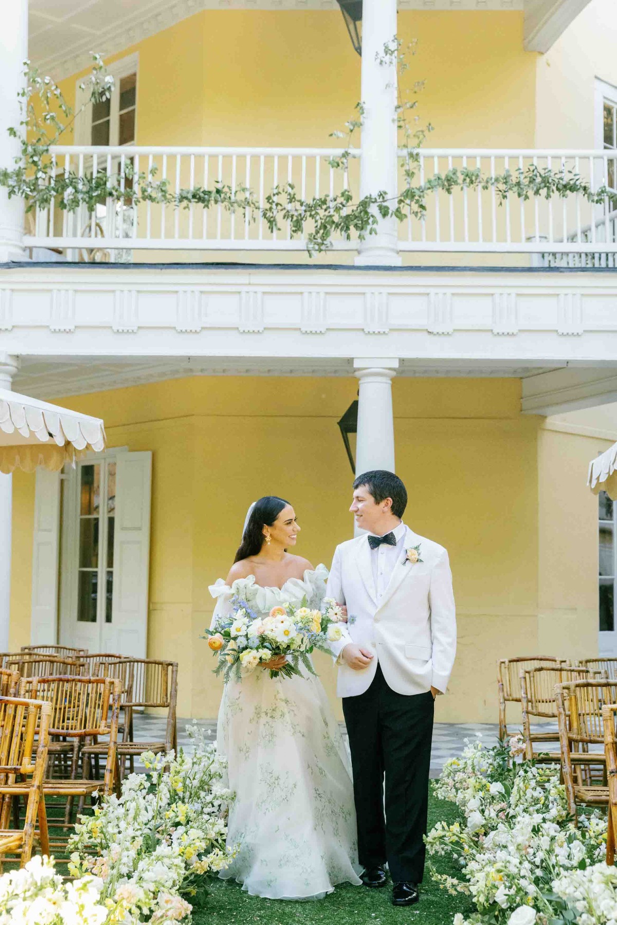Charleston newlywed portraits at colorful garden venue