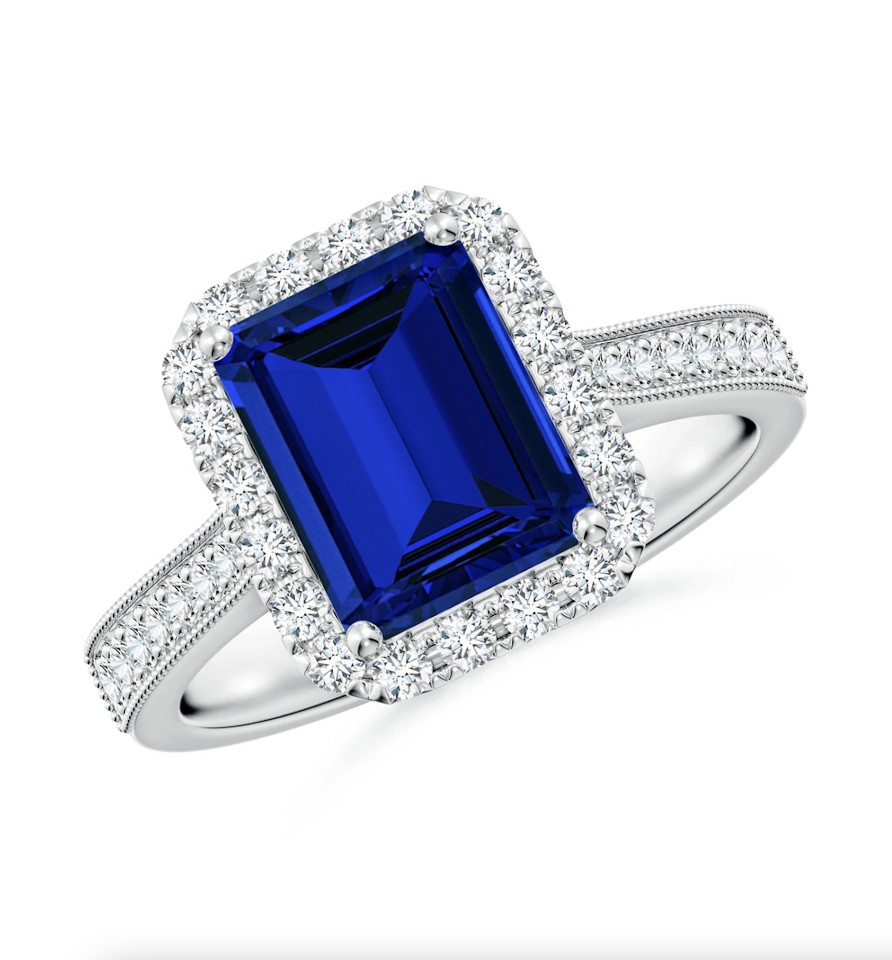 Lab-Grown Emerald-Cut Blue Sapphire Reverse Tapered Shank Halo Engagement Ring