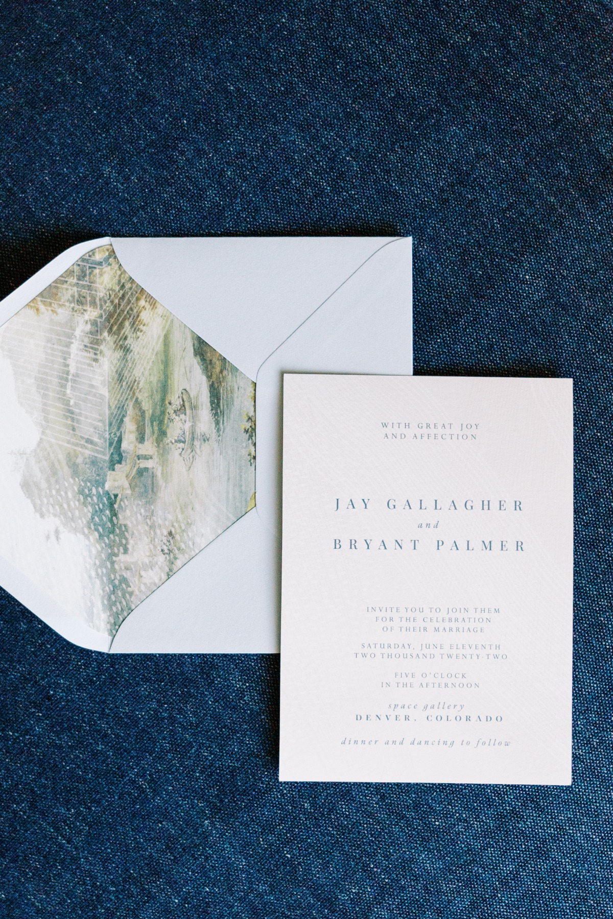 Modern and minimalist wedding invitation with artistic envelope