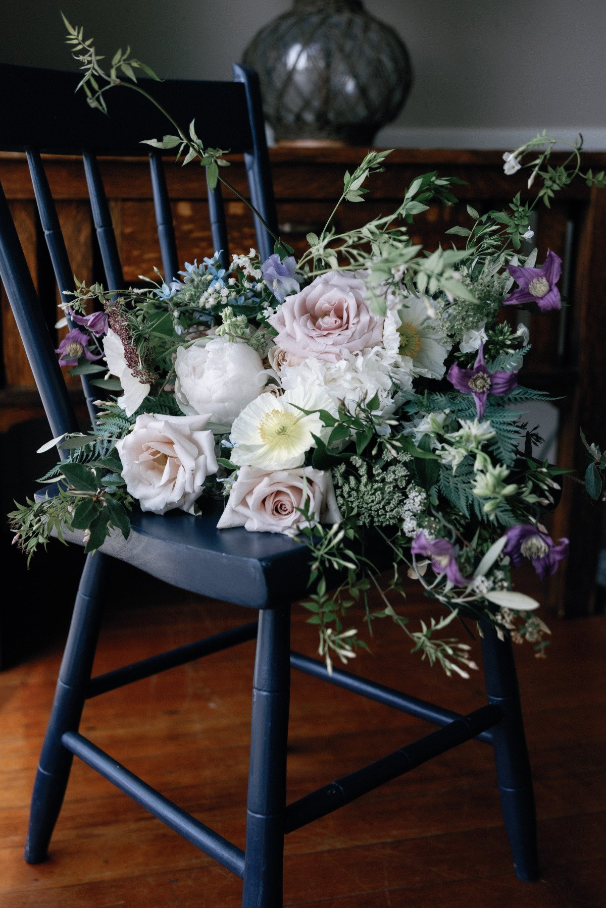 white blush and purple bouquet