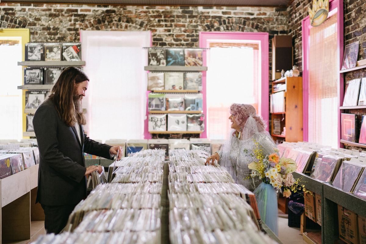 cute music themed wedding in record store