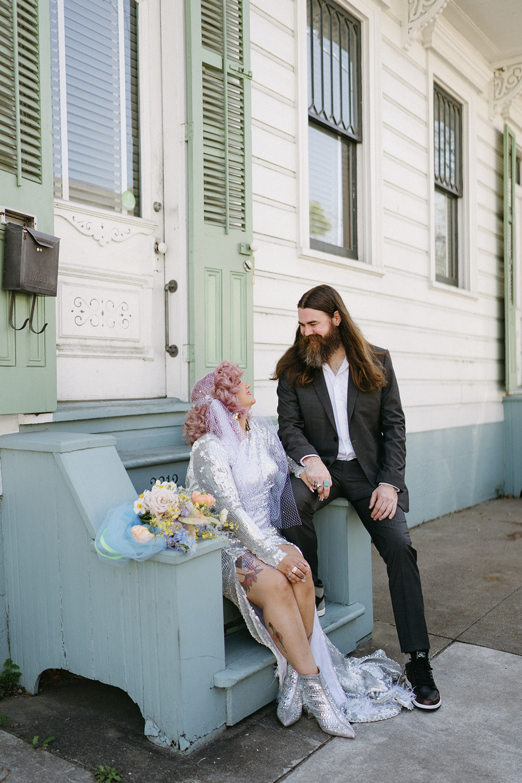 pink hair bride with silver sequin dress streets of new orleans