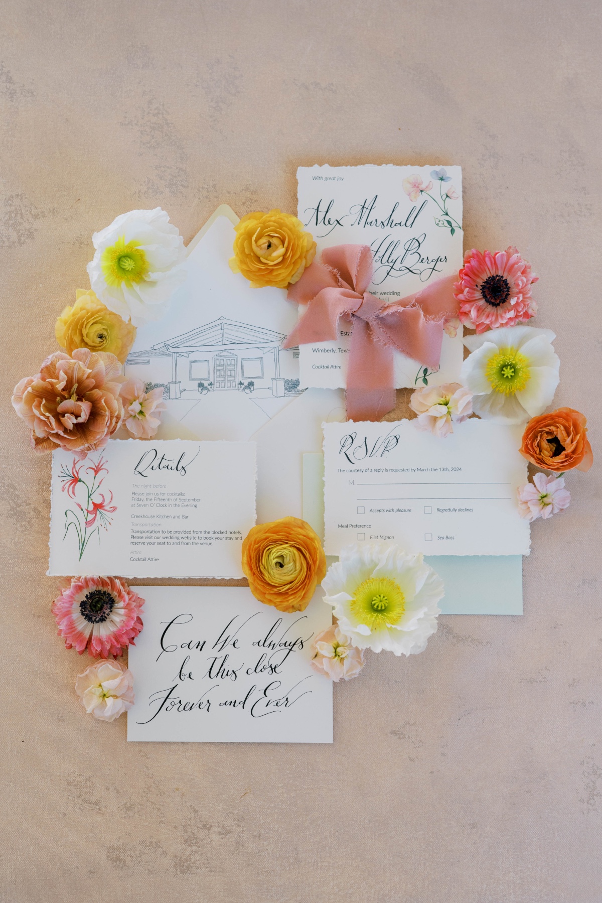custom line-drawn venue wedding invitations