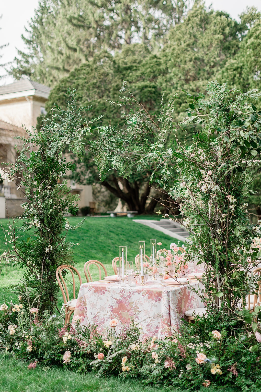 Pink pastel floral garden party wedding reception ideas