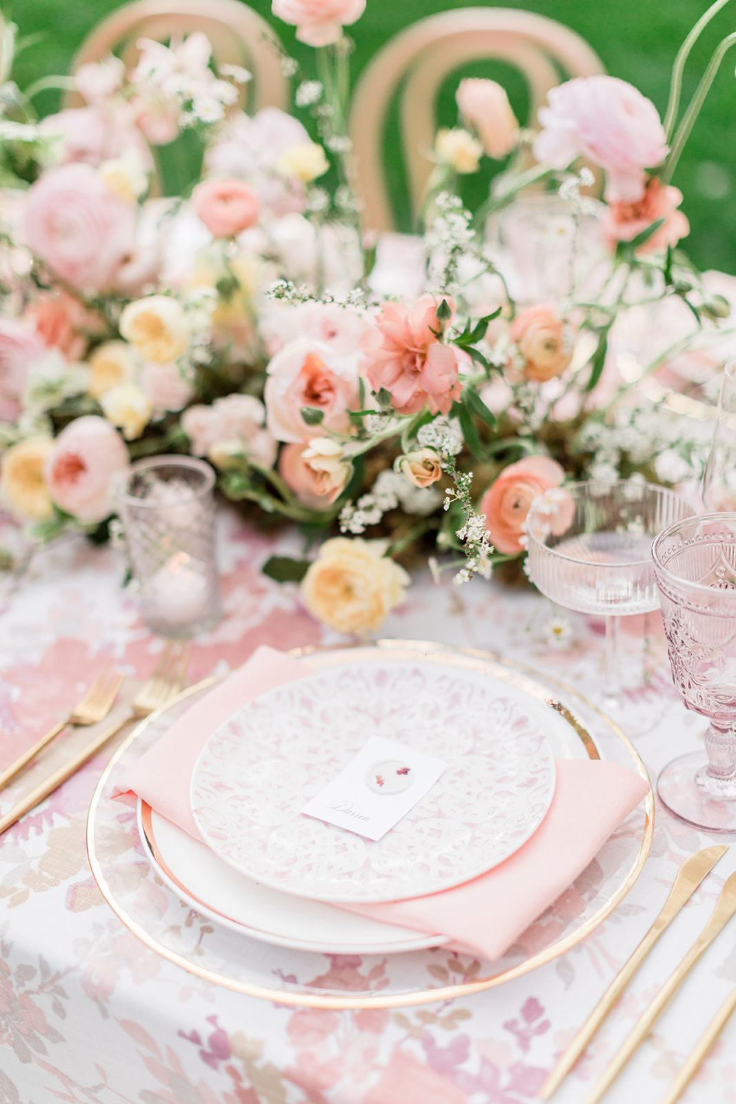 Pink pastel floral garden party table settings and menus