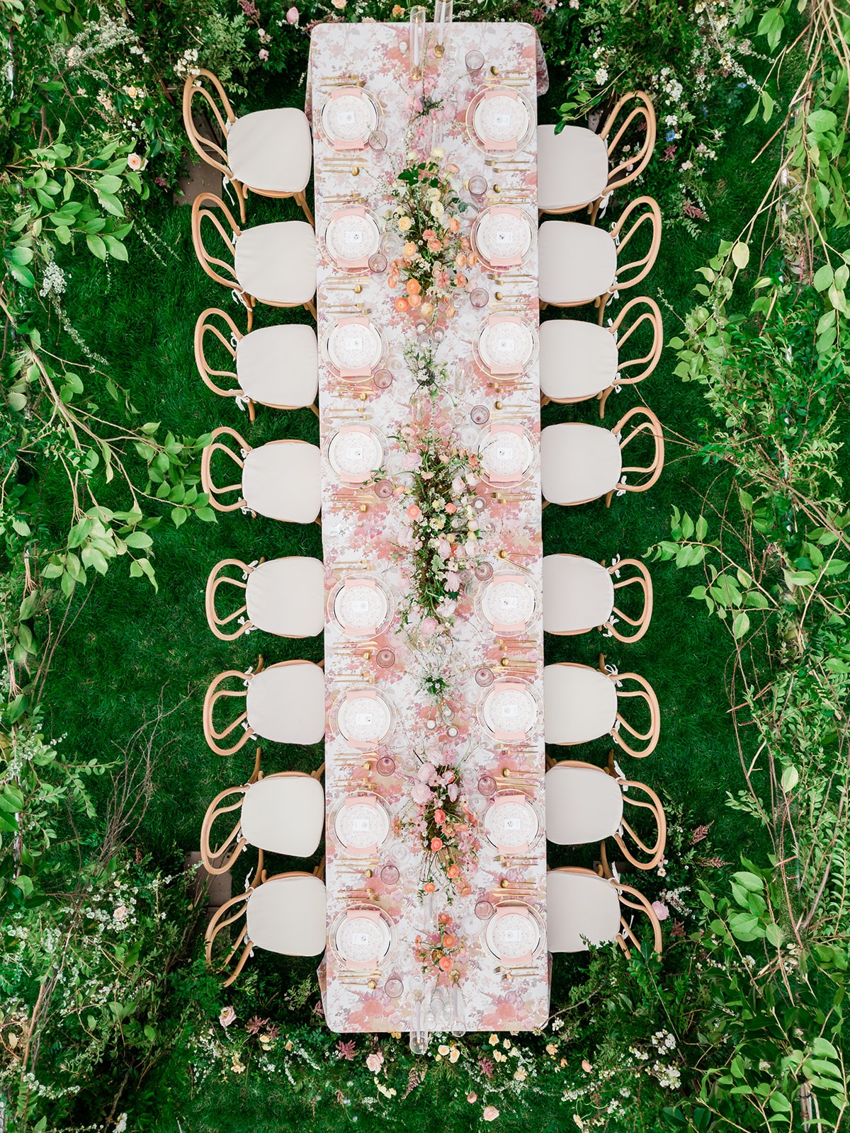 Pink pastel floral garden party wedding reception table inspo