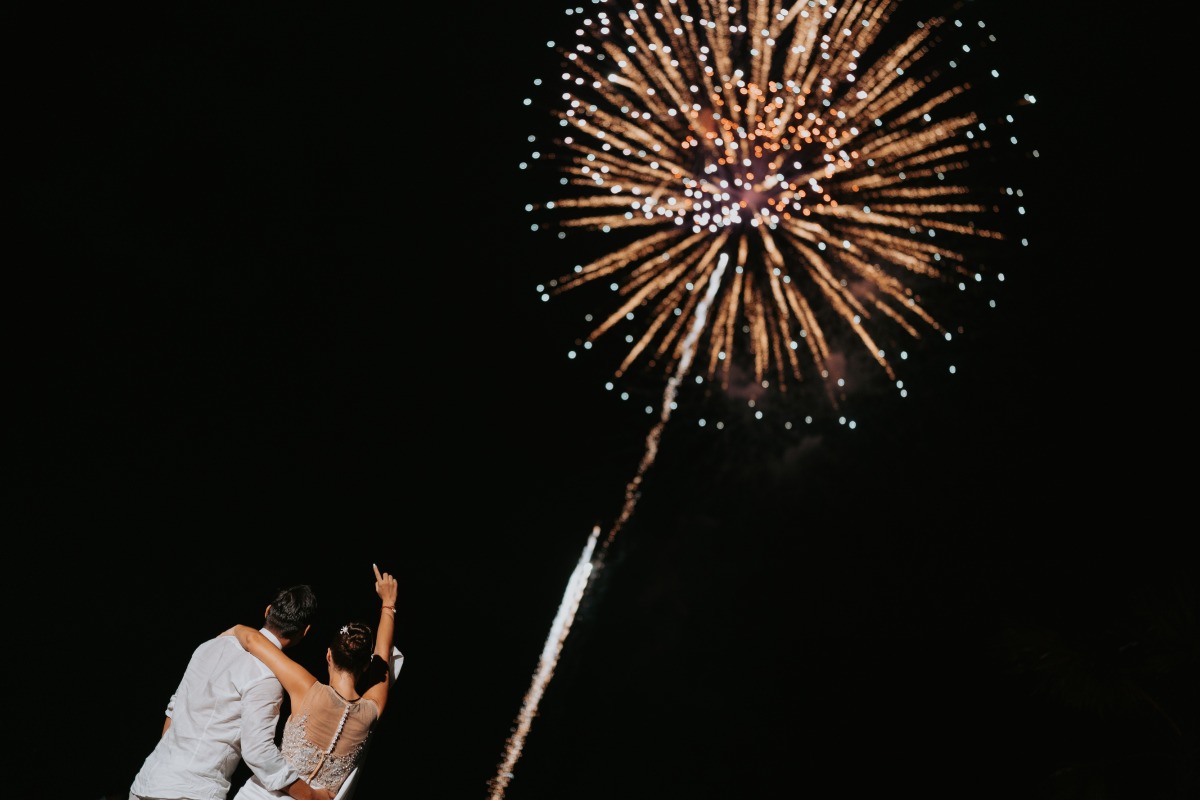 firework display at yacht wedding reception