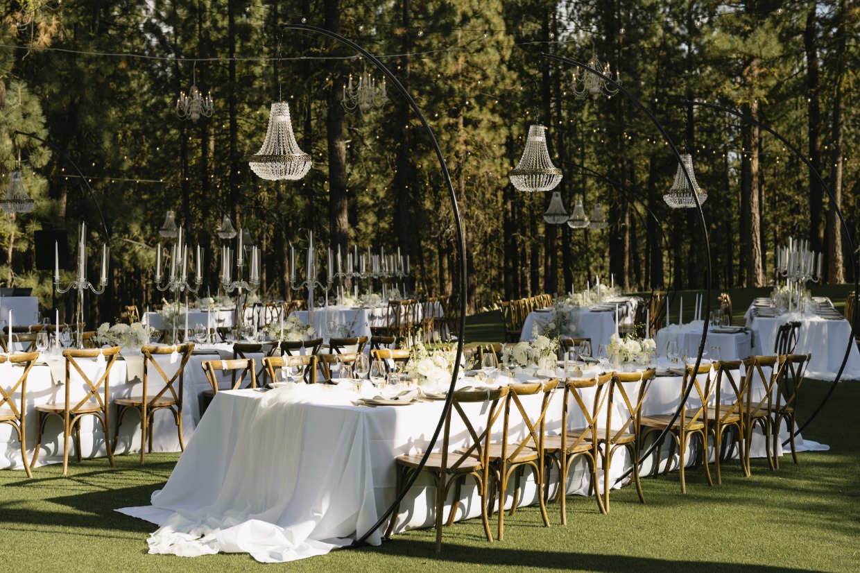 outdoor reception with chadeliers at chalet view lodge