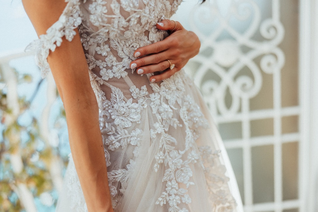 Lace floral details on Gia by Galia Lahav wedding dress
