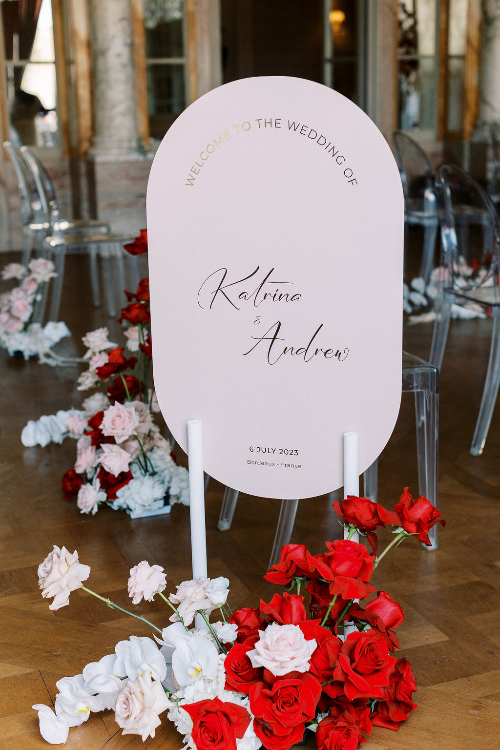 Modern pink and gold modern wedding welcome sign for ceremony