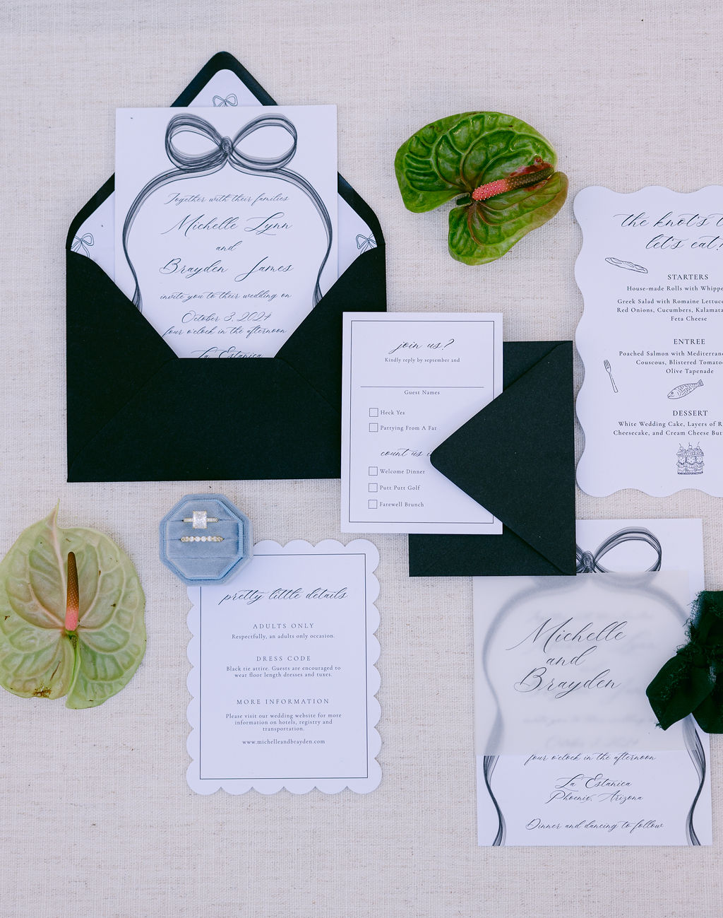 bow-accented wedding invitations