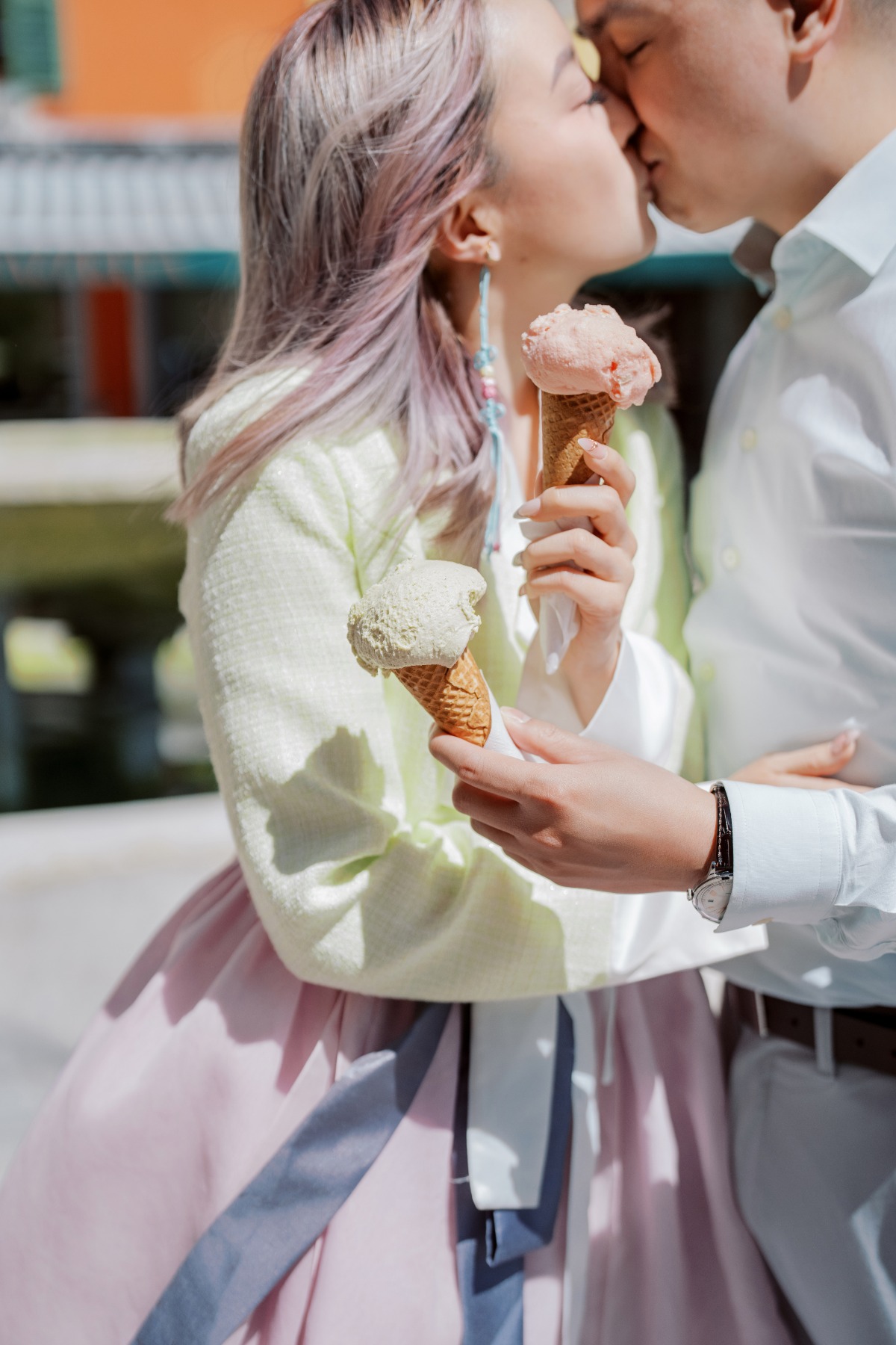 traditional korean wedding dress in pastel colors