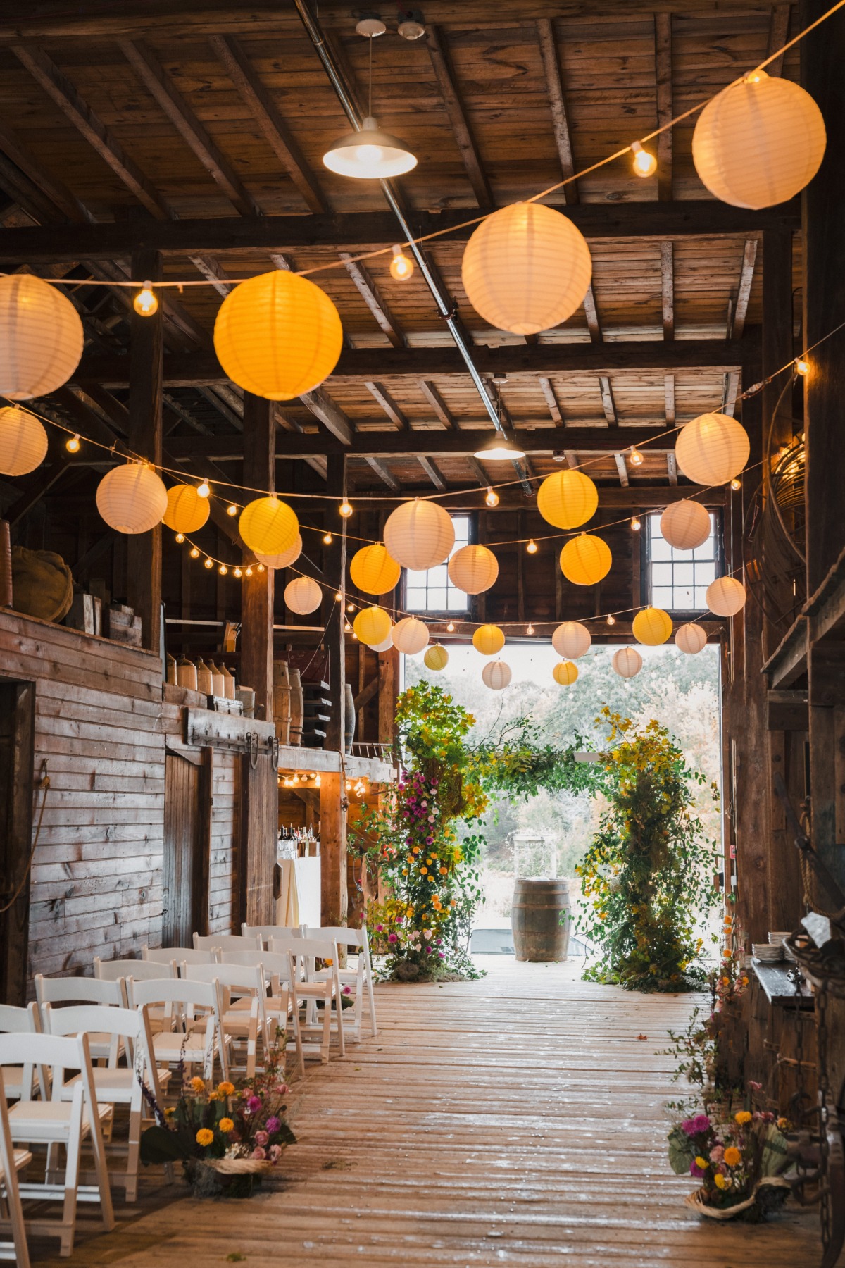 fall-inspired barn wedding with paper hanging lanterns