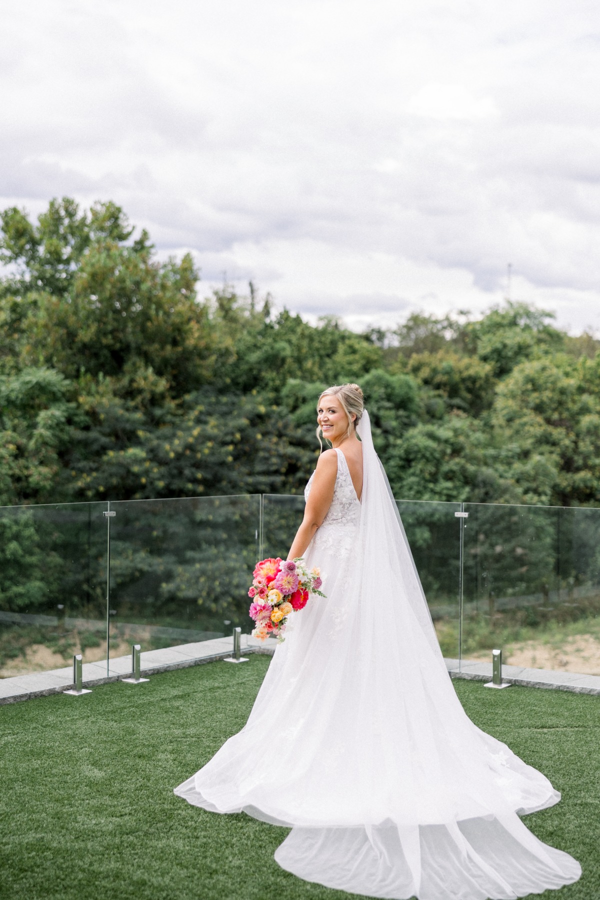 v neck lace a line wedding gown with veil