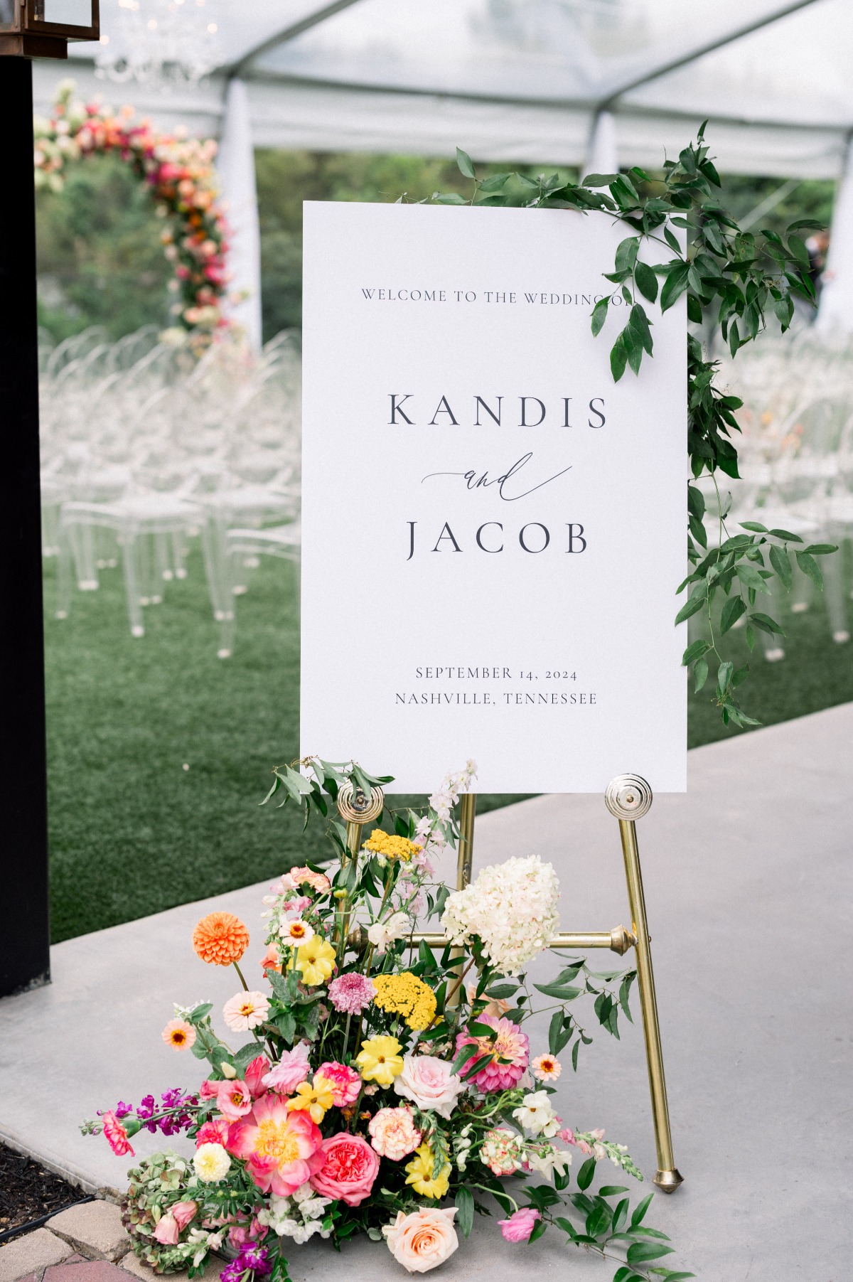 simple wedding welcome sign with flowers