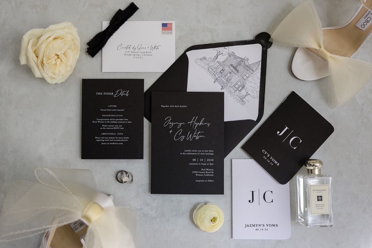 black and white wedding invitation suite