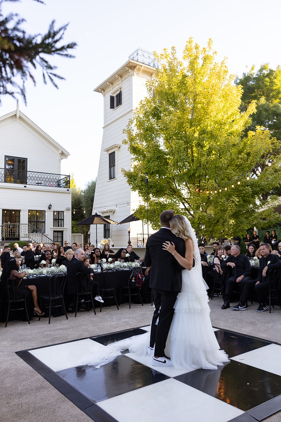 black and white dance floor at wedding