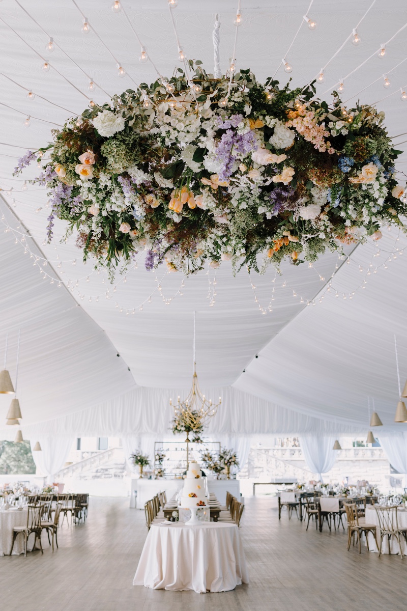 floral chandelier for tented reception