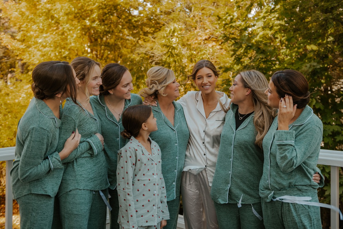 bridesmaids in green pajamas
