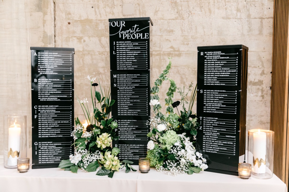 black and white minimalist escort display for wedding