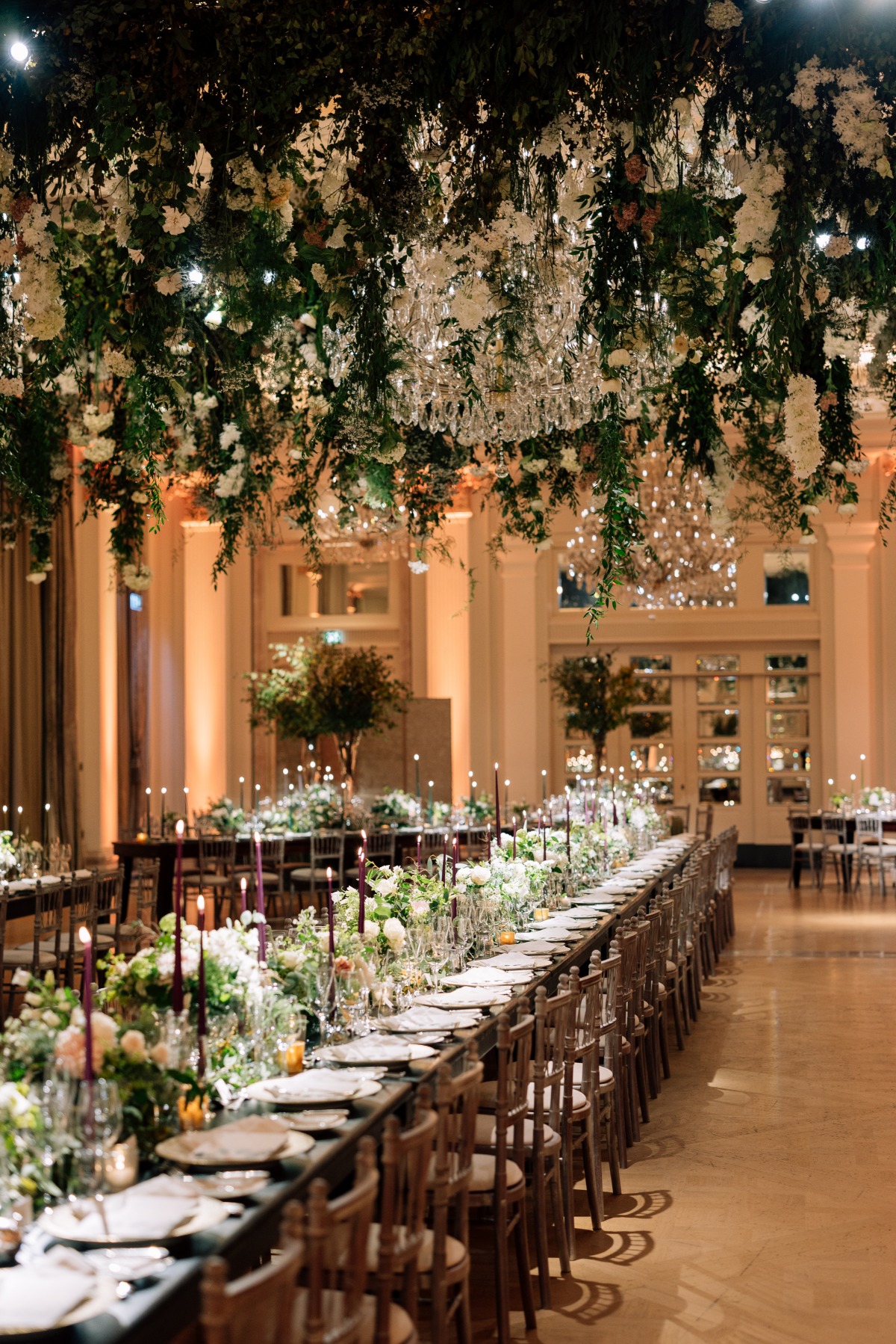 hanging white flower installation for wedding