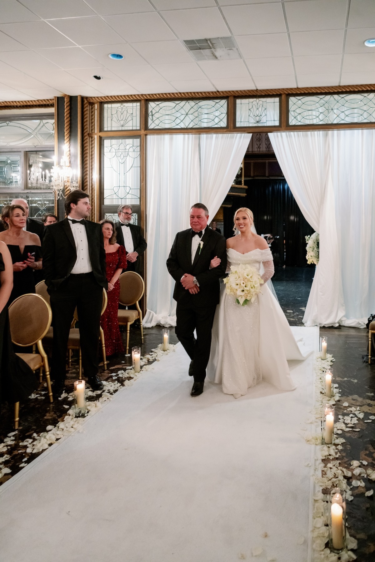 white rose petal wedding aisle