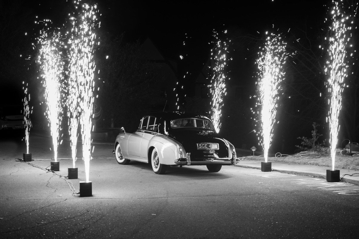 vintage car wedding exit