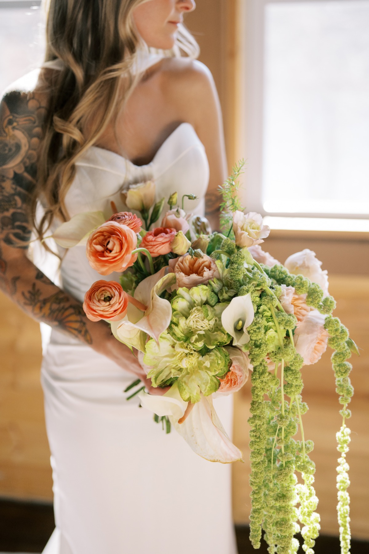 peach and green bridal bouquet