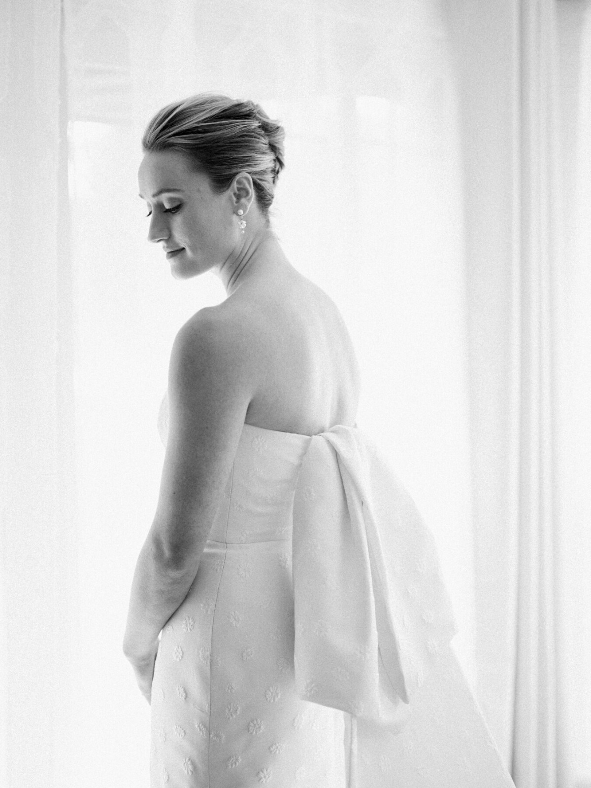 stove pipe wedding dress with bow