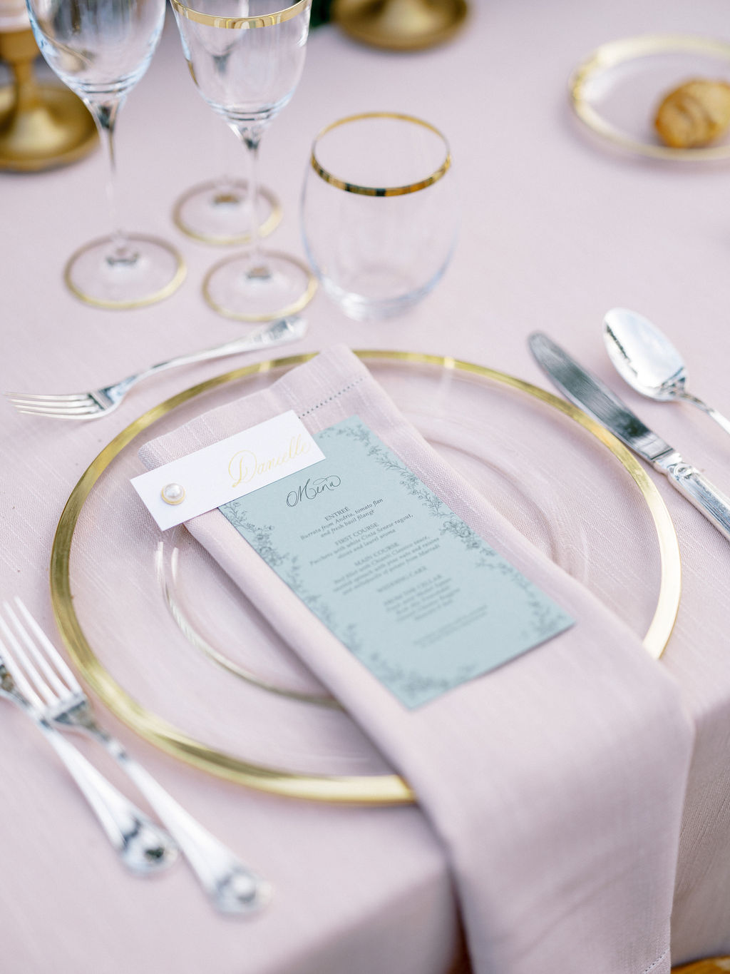 blush blue and gold wedding tablescape